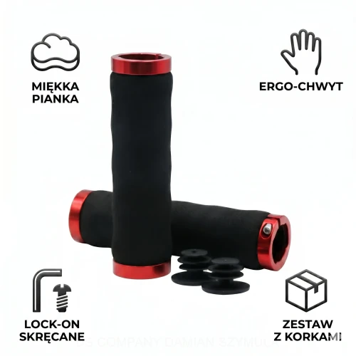 Przejdź do produktu Ergonomiczne Chwyty Rowerowe Piankowe Lock-On z Aluminiowymi Obejmami (Czerwone) – Amortyzujące Gripy Rowerowe MTB/City 22.2mm