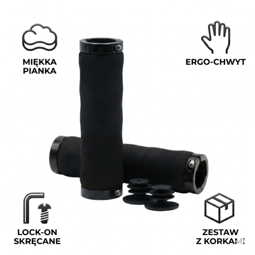 Przejdź do produktu Ergonomiczne Chwyty Rowerowe Piankowe Lock-On z Aluminiowymi Obejmami (Czarne) – Amortyzujące Gripy Rowerowe MTB/City 22.2mm